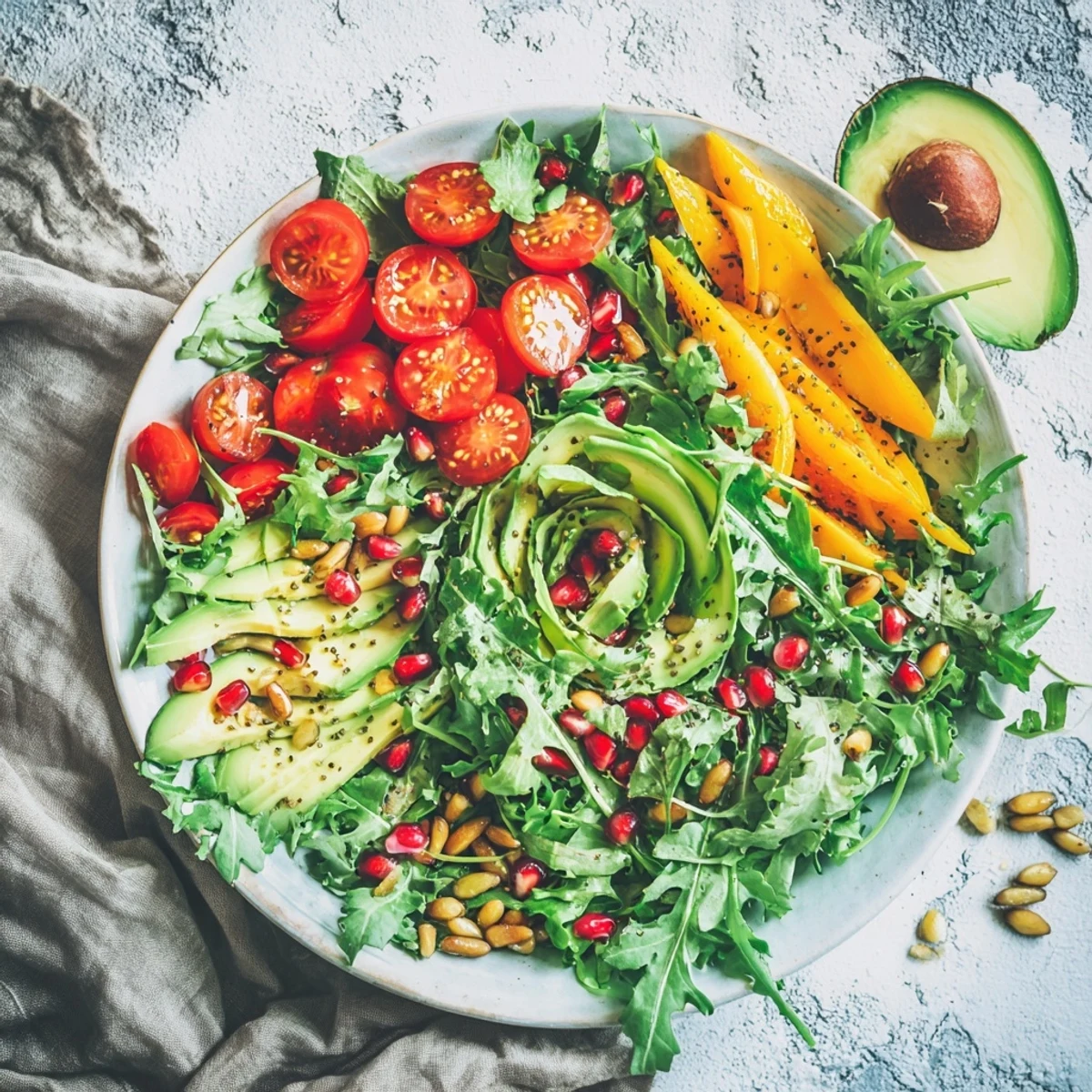 Vibrant Golden Ratio Salad with fresh greens, tomatoes, avocado, and creamy feta cheese, ready to enjoy.