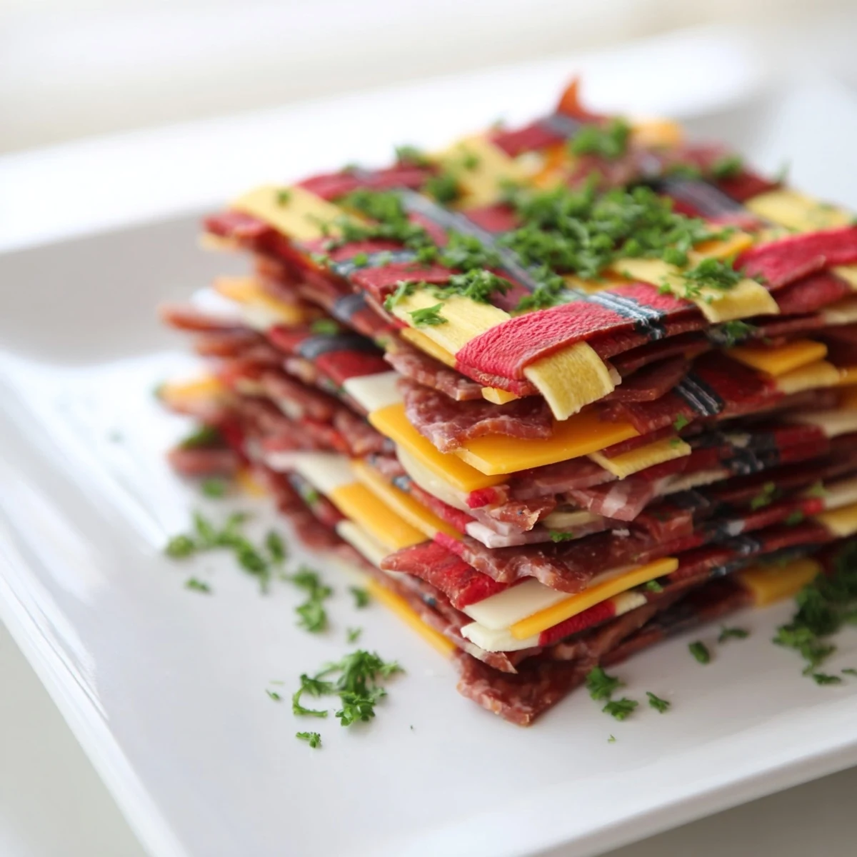 A colorful, fun The Tartan Plaid appetizer with savory jerky woven with creamy cheese strips.