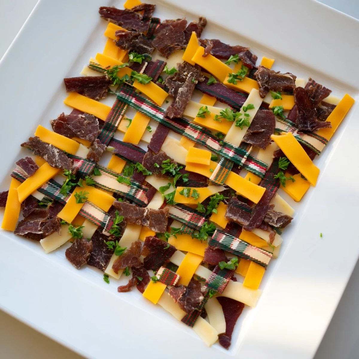 Vibrant The Tartan Plaid, a visually appealing appetizer using jerky and cheese in plaid design.