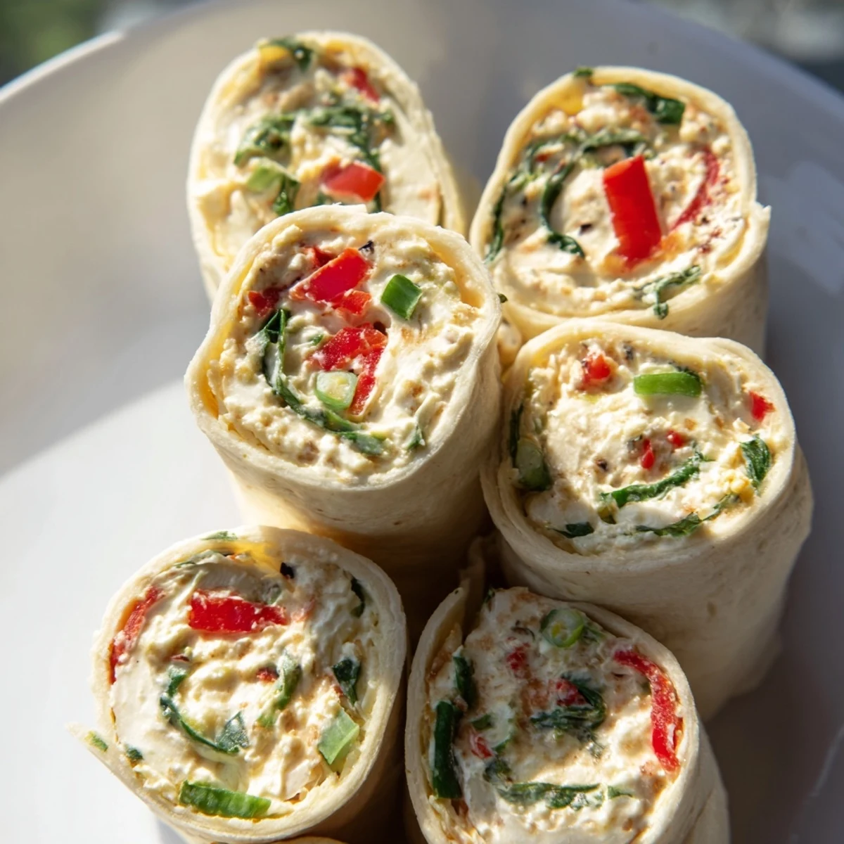 Christmas Scarf Tortilla Roll-Ups arranged on a platter, showcasing vibrant red peppers and spinach filling.