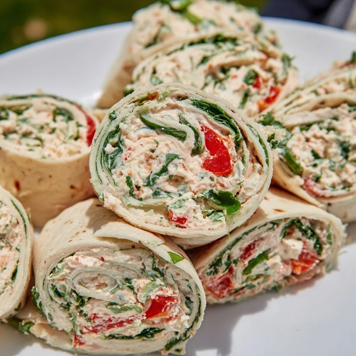 Sliced Christmas Scarf Tortilla Roll-Ups, showcasing cream cheese and veggie filling, festive for any gathering.