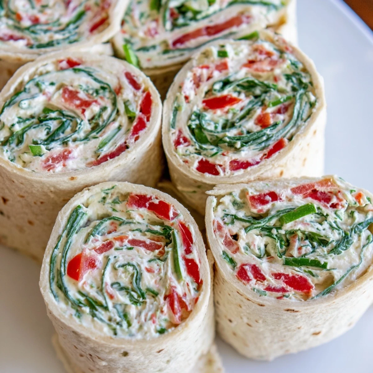 Close-up of freshly cut Christmas Scarf Tortilla Roll-Ups, ready to eat, bursting with flavorful ingredients.