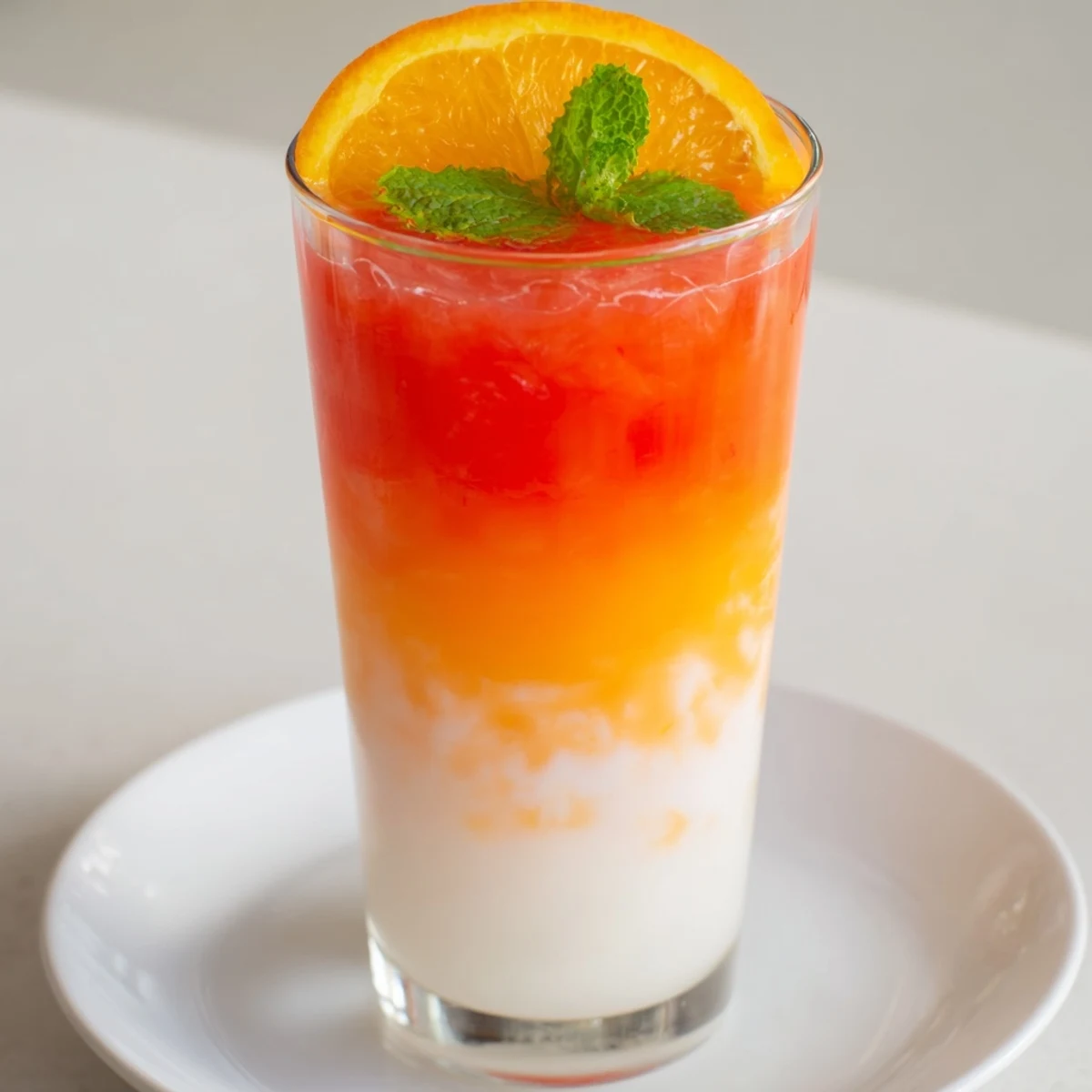 A refreshing Alpine Sunrise, a non-alcoholic drink garnished with orange slices and mint sprigs.