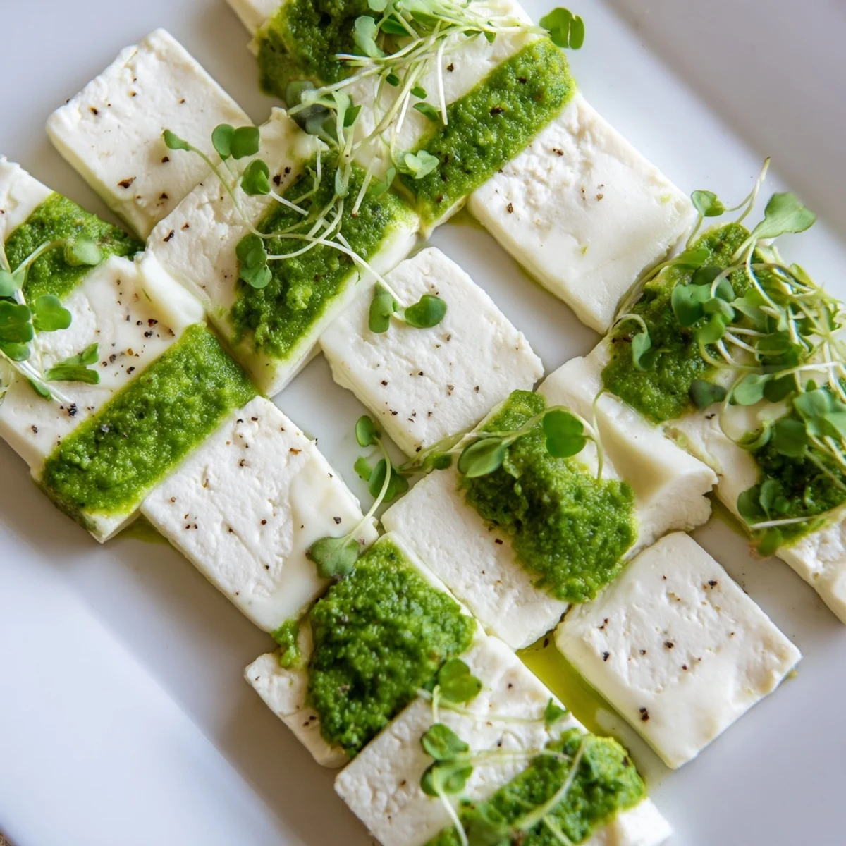 A colorful Checkerboard Garden appetizer, showcasing creamy white cheeses and vibrant green herb squares.