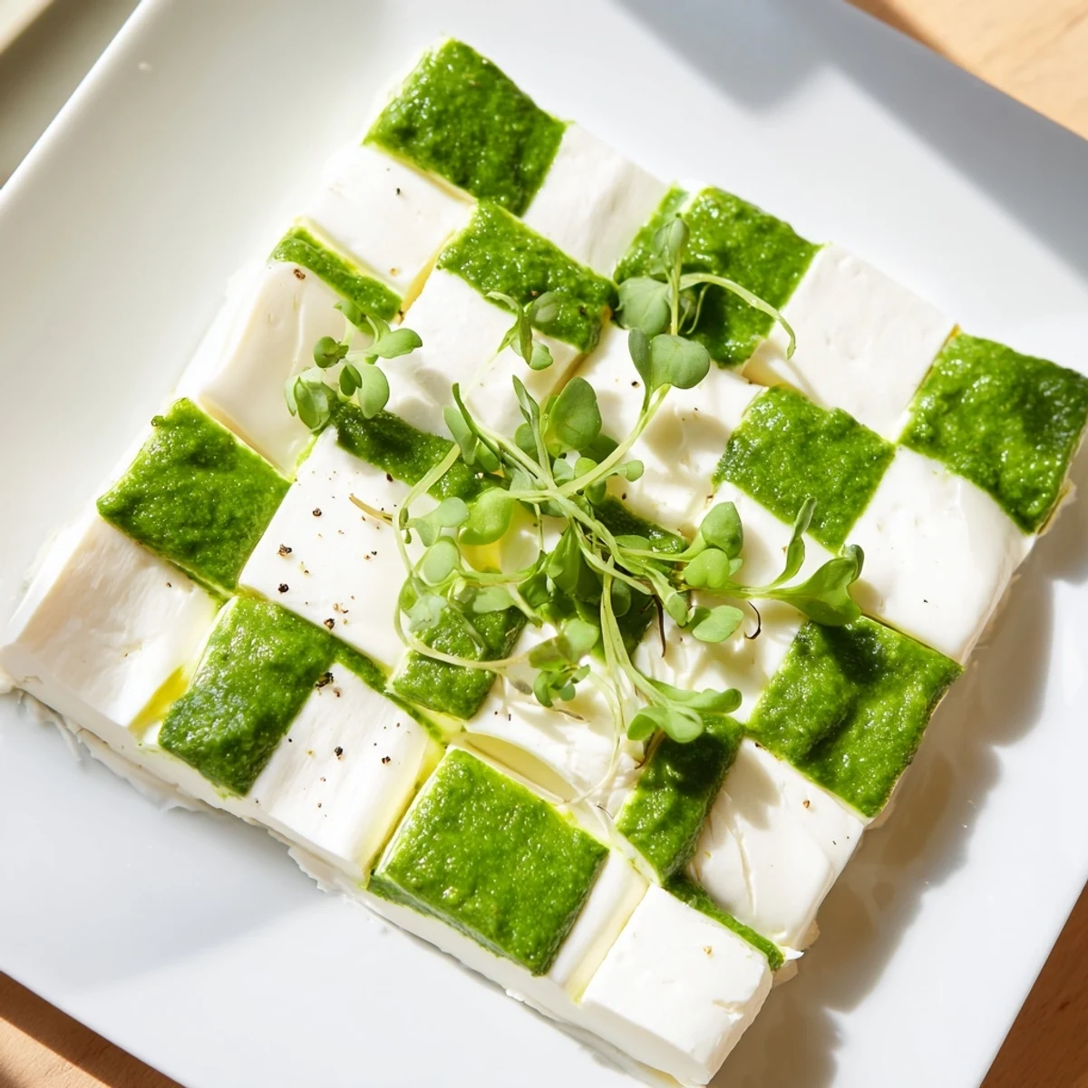 Beautifully arranged Checkerboard Garden, featuring cheese and a savory, fresh herbal mixture, ready to serve.