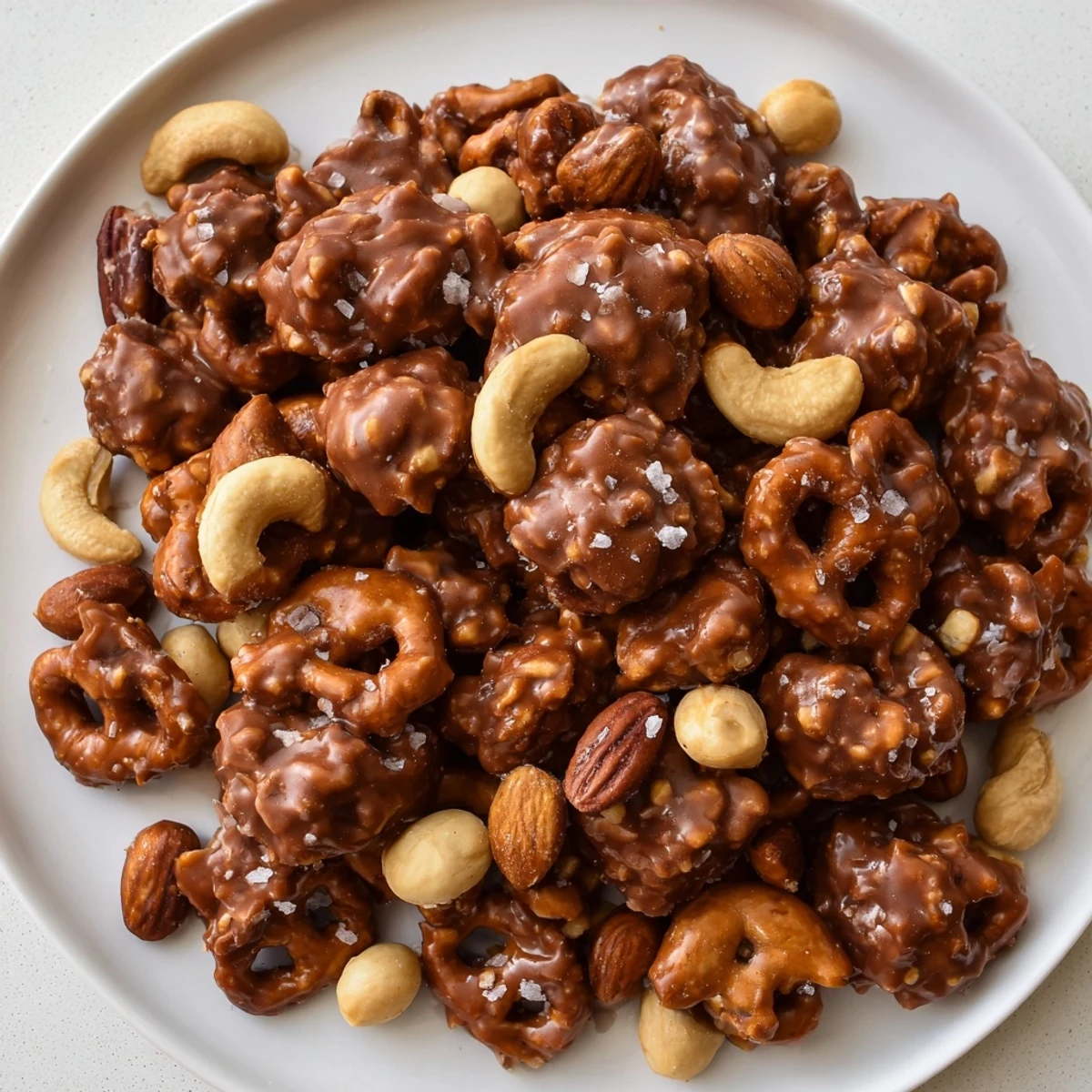 Close-up of baked salted caramel pretzels and nuts, drizzled with glossy, delicious caramel.