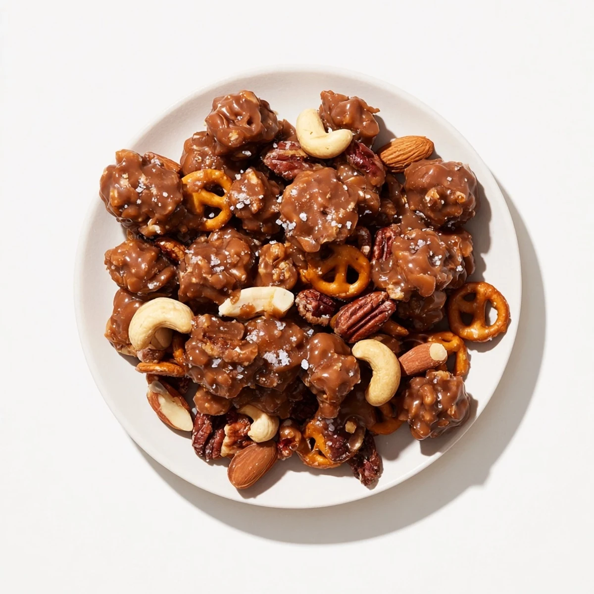 A generous bowl of salted caramel pretzels and nuts, a delightful party snack for everyone.