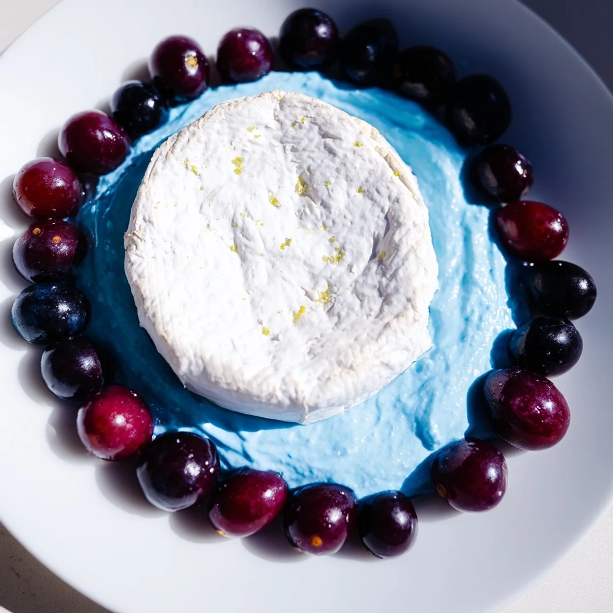 Floating Island appetizer: a creamy cheese island floats atop a vibrant blue yogurt lake, surrounded by grapes.