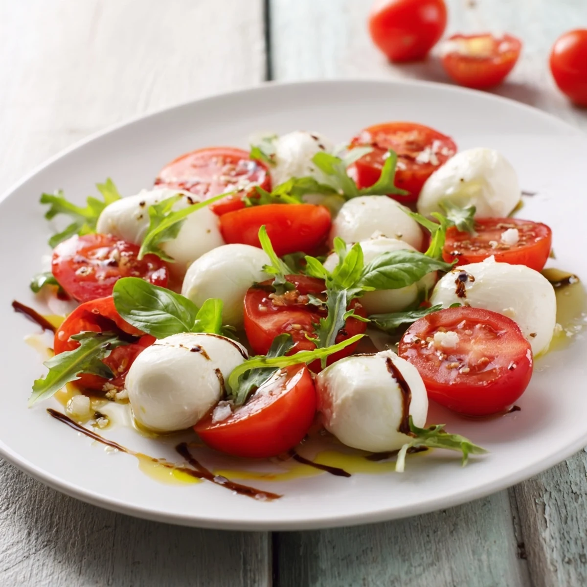 Pearly Strand salad displays mozzarella pearls artfully draped over fresh tomatoes and basil.