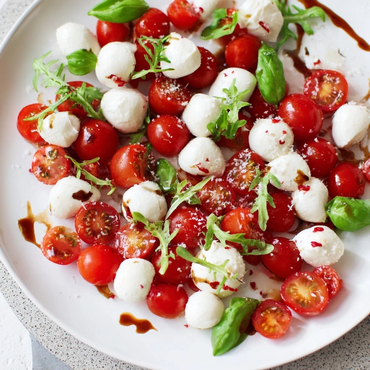 The Pearly Strand salad shows bright red tomatoes with a mozzarella pearl strand, ready to serve.
