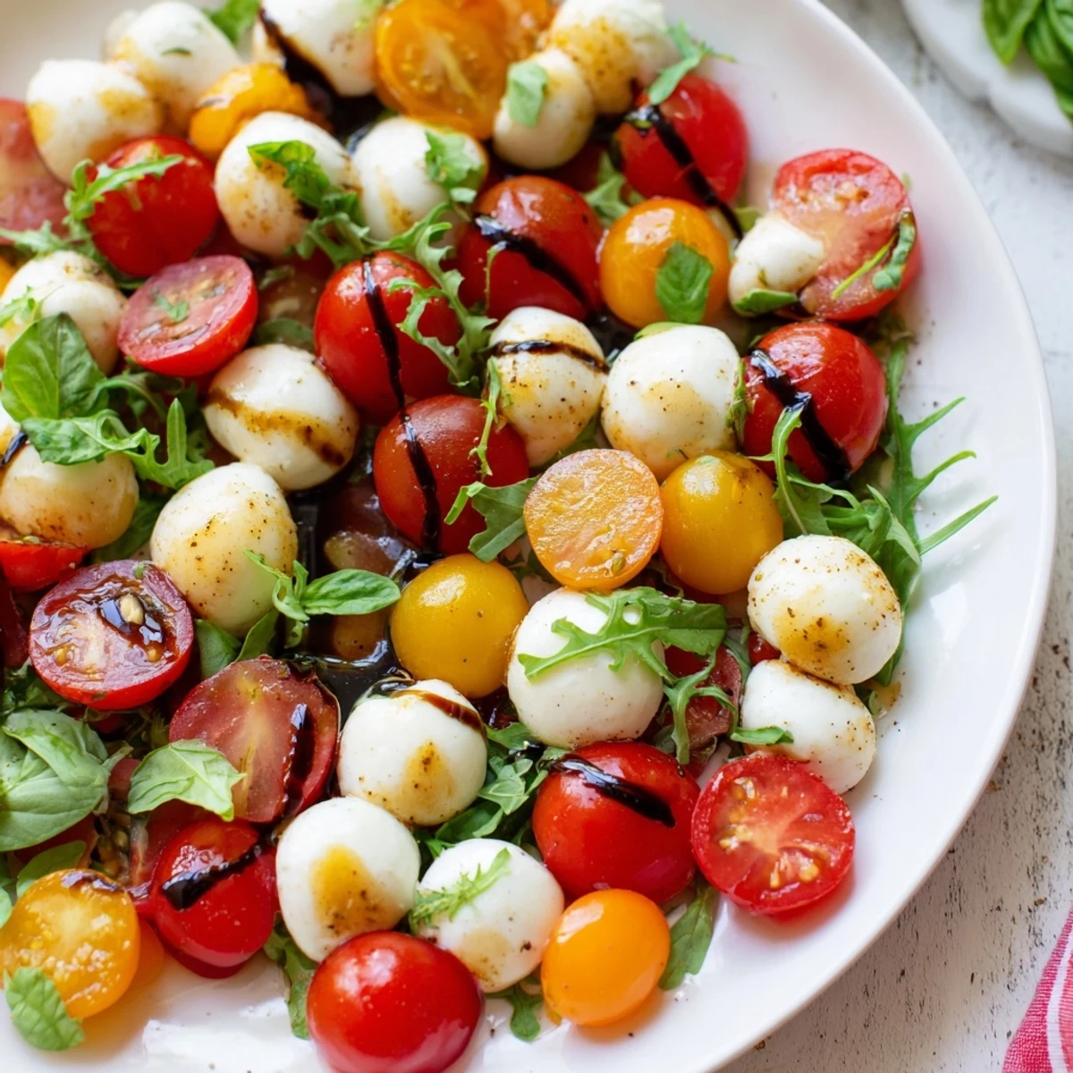 Fresh Pearly Strand salad: A vibrant Caprese-inspired meal with mozzarella and seasonal produce.