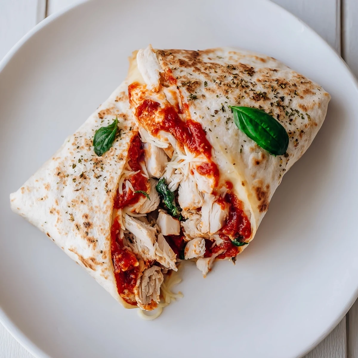 Tortilla Pizza Wrap with Chicken, golden and crispy, oozing mozzarella and savory chicken.