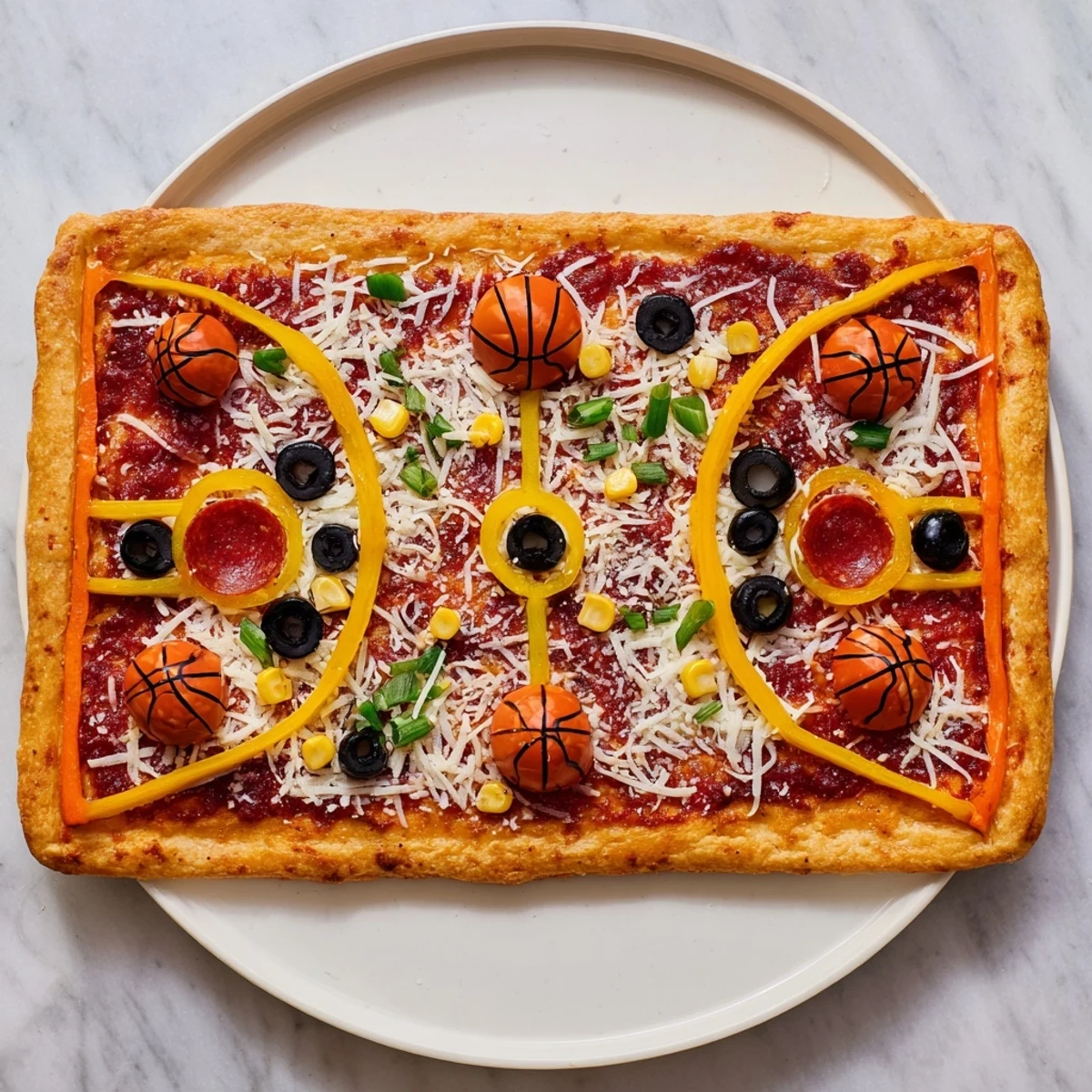 Basketball Court Pizza with pepperoni "basketballs" ready to enjoy at your next party; American-Italian flavor!