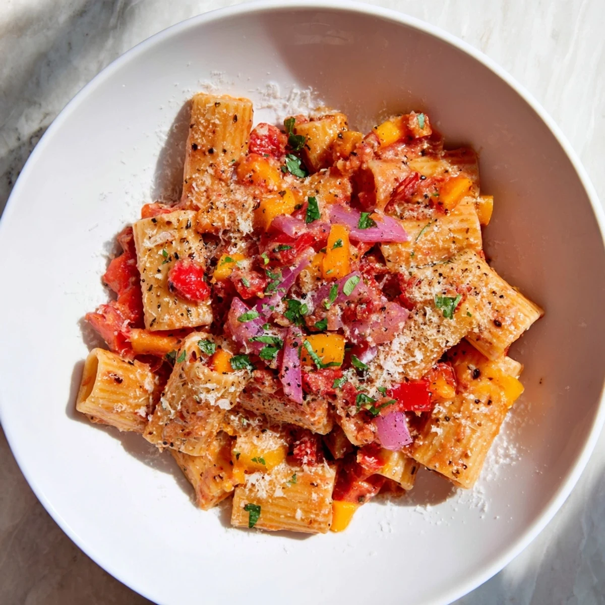 One-Pot Diavola Spicy Pasta simmering in a large pot, with vibrant red sauce and penne noodles.