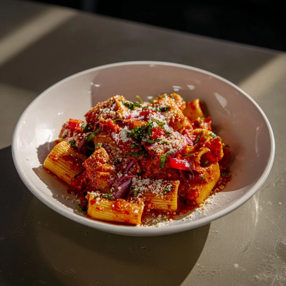 Steaming One-Pot Diavola Spicy Pasta with a sprinkle of Parmesan, ready for a satisfying Italian meal.
