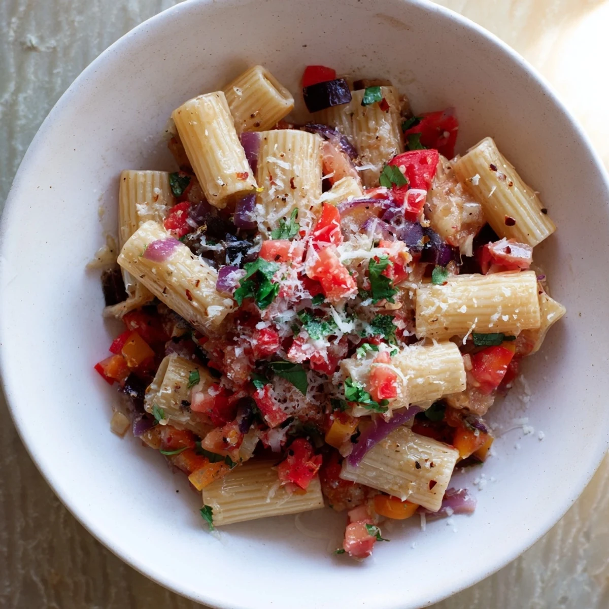 Close-up of One-Pot Diavola Spicy Pasta with red pepper flakes, showcasing its delicious, fiery flavors.