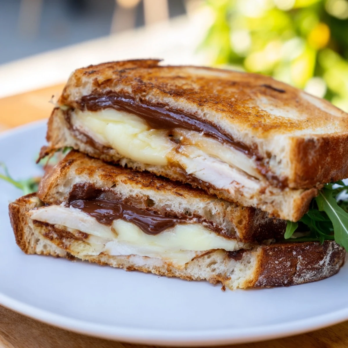 Golden-brown Nutella Grilled Cheese with Chicken, melty brie, and savory sliced chicken, a delicious meal.