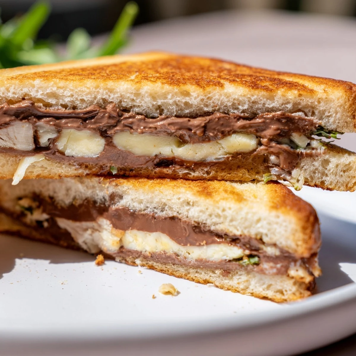 Indulge in a Nutella Grilled Cheese with Chicken; the gooey brie and hazelnut flavors melt deliciously in this sandwich.