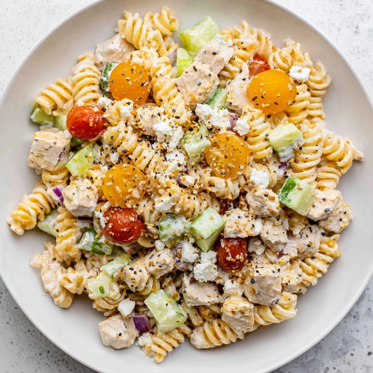 Everything Bagel Chicken Pasta Salad: a refreshing bowl of pasta, chicken, & colorful veggies.