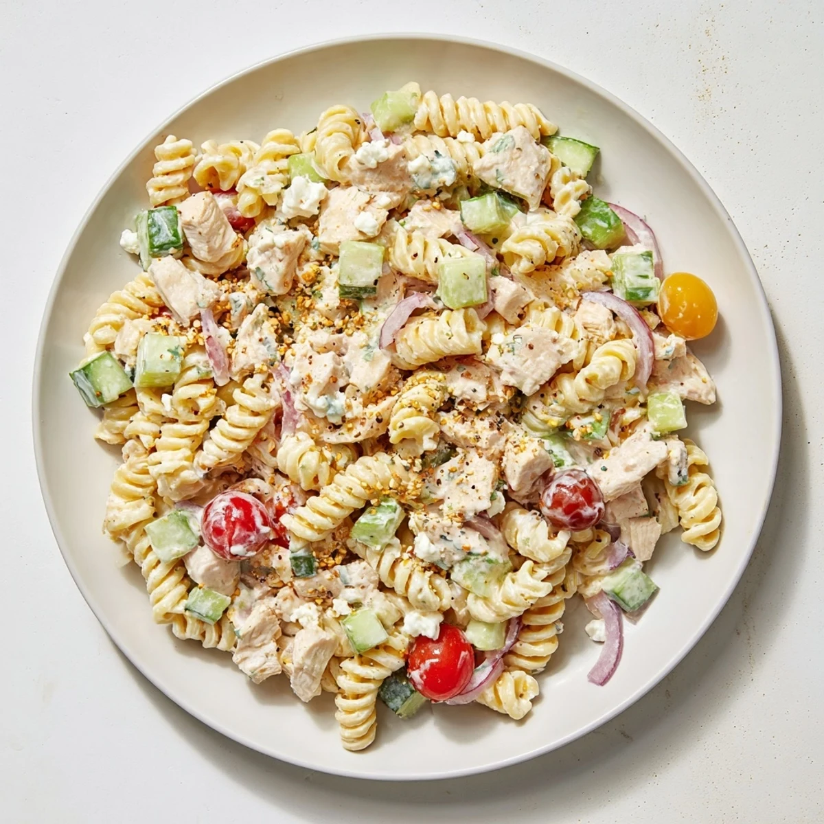 Close-up of Everything Bagel Chicken Pasta Salad, perfect for summer picnics or quick meals.