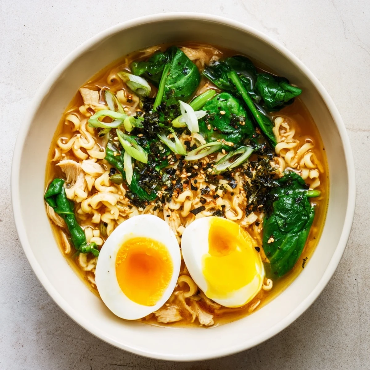 Close-up of creamy Chicken Ramen with Kewpie Mayo, featuring soft egg, nori, and sesame seeds; a comforting meal.
