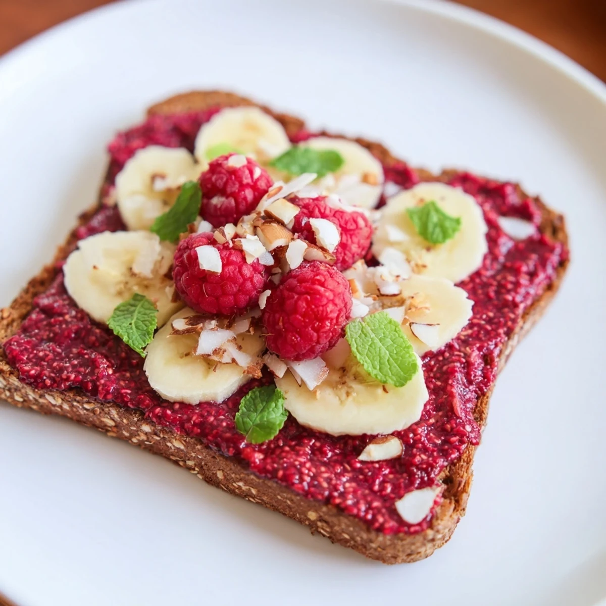 Warm, vibrant toast with glistening raspberry chia jam, a healthy breakfast bursting with fresh flavors.