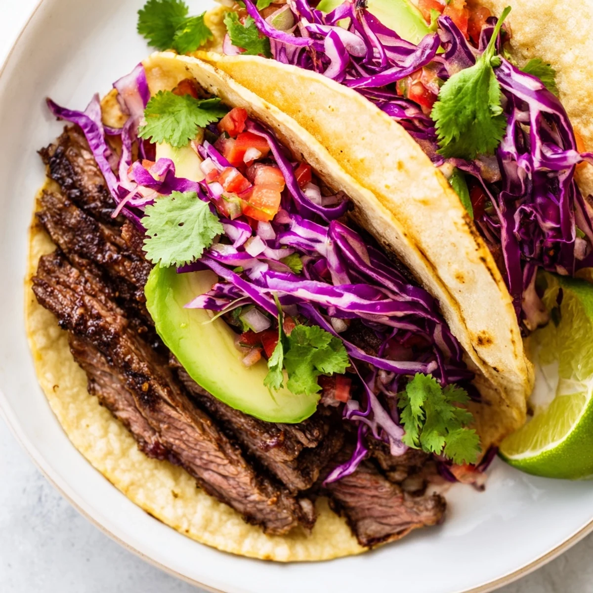 Coffee-Rubbed Steak Tacos with grilled steak slices on warm tortillas, ready to eat with fresh toppings.