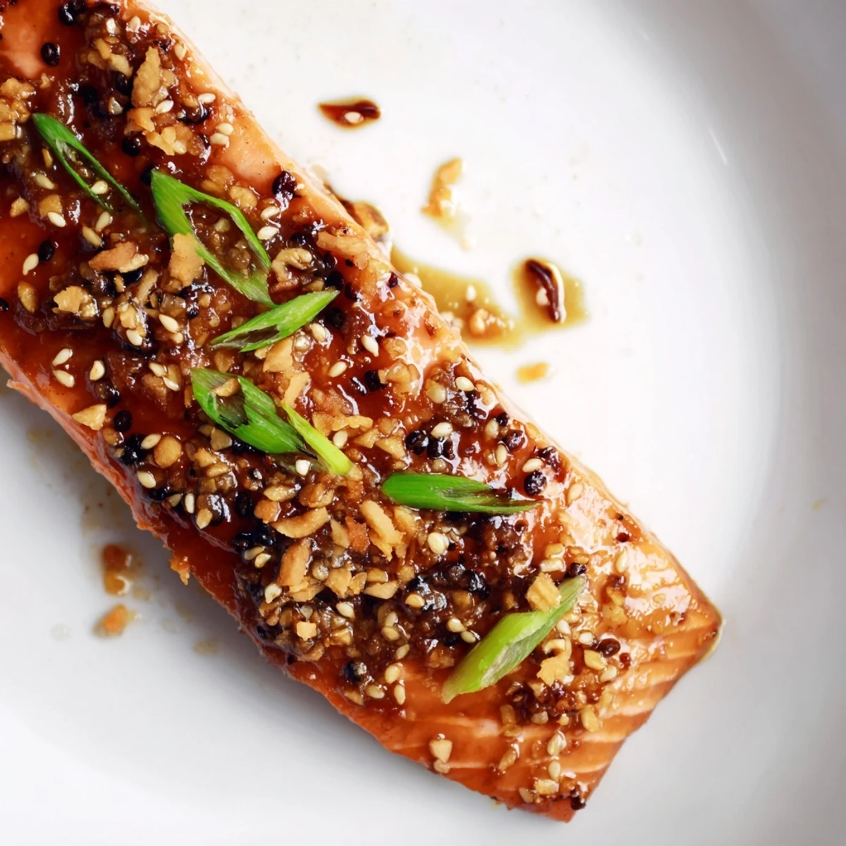 Pan-seared ginger soy glazed salmon, glistening with a rich glaze, ready for a flavorful bite.