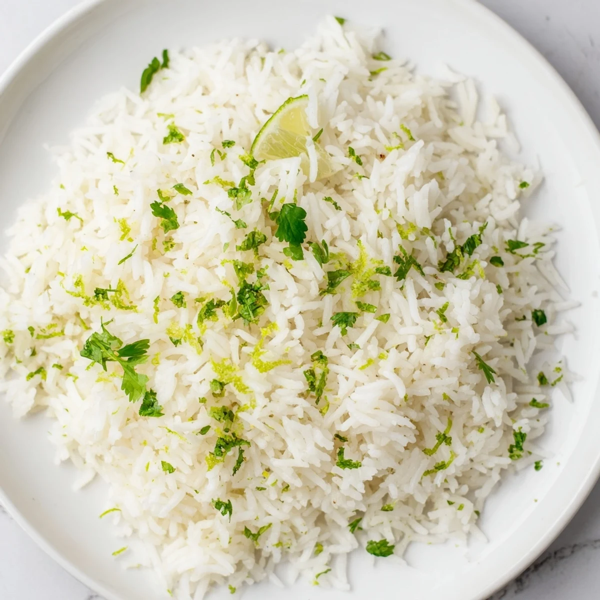 Fluffy Cilantro Lime Rice beside grilled chicken, garnished with fresh lime wedges for a flavorful meal.