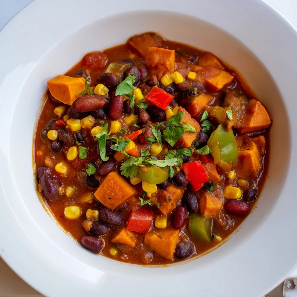 A steaming bowl of Smoky Sweet Potato Chili is served with a lime garnish, ready to eat.