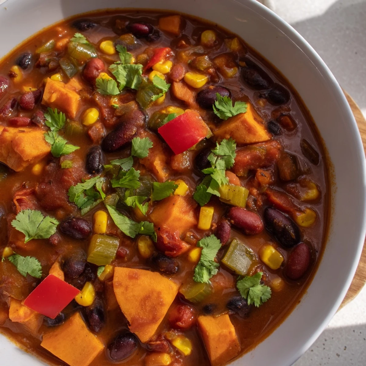 Hearty and flavorful, this Smoky Sweet Potato Chili has a deep red color and inviting aroma.