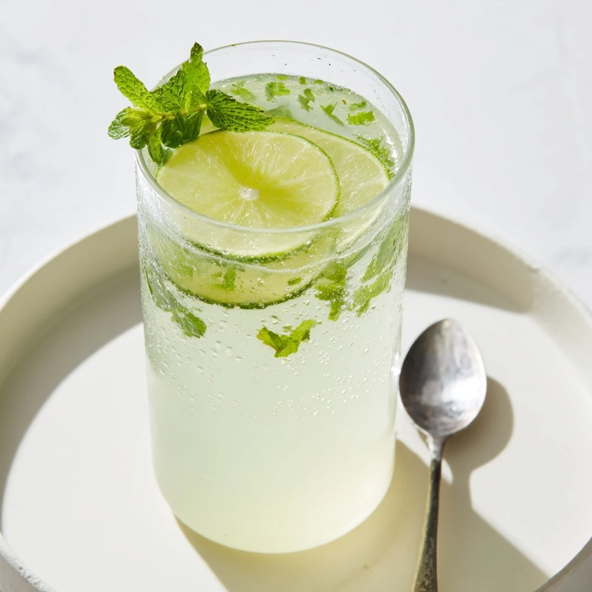 Refreshing glass of Mint Lime Agua Fresca, garnished with lime, perfect for a hot summer day.