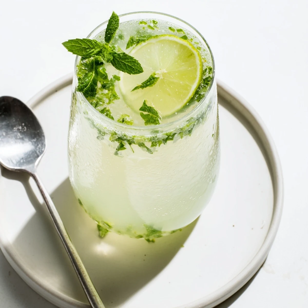 Bright green Mint Lime Agua Fresca, blended with fresh mint and lime, served icy cold.