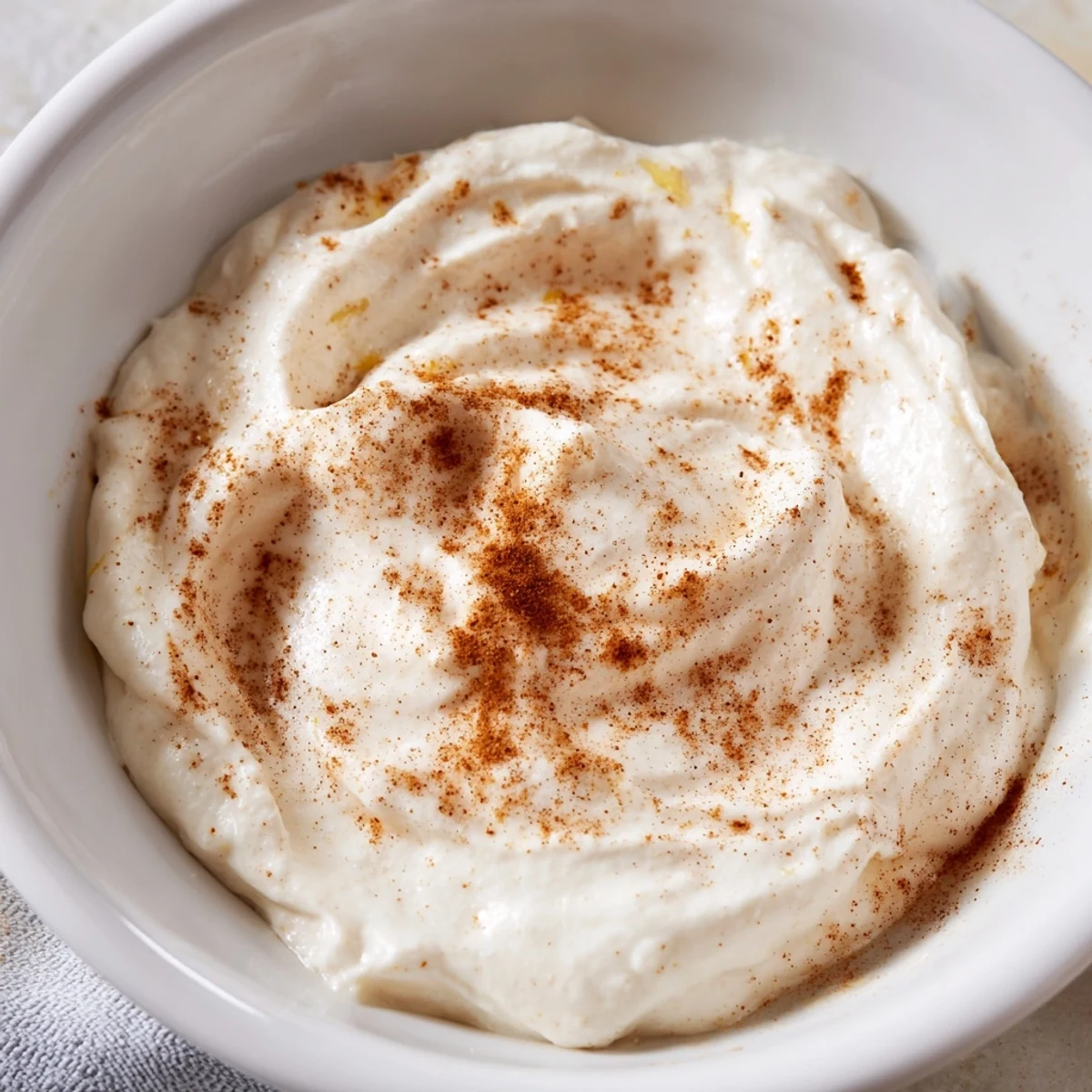 Smooth and creamy Greek Yogurt Fruit Dip swirled in a bowl, perfect for dipping fruit slices.