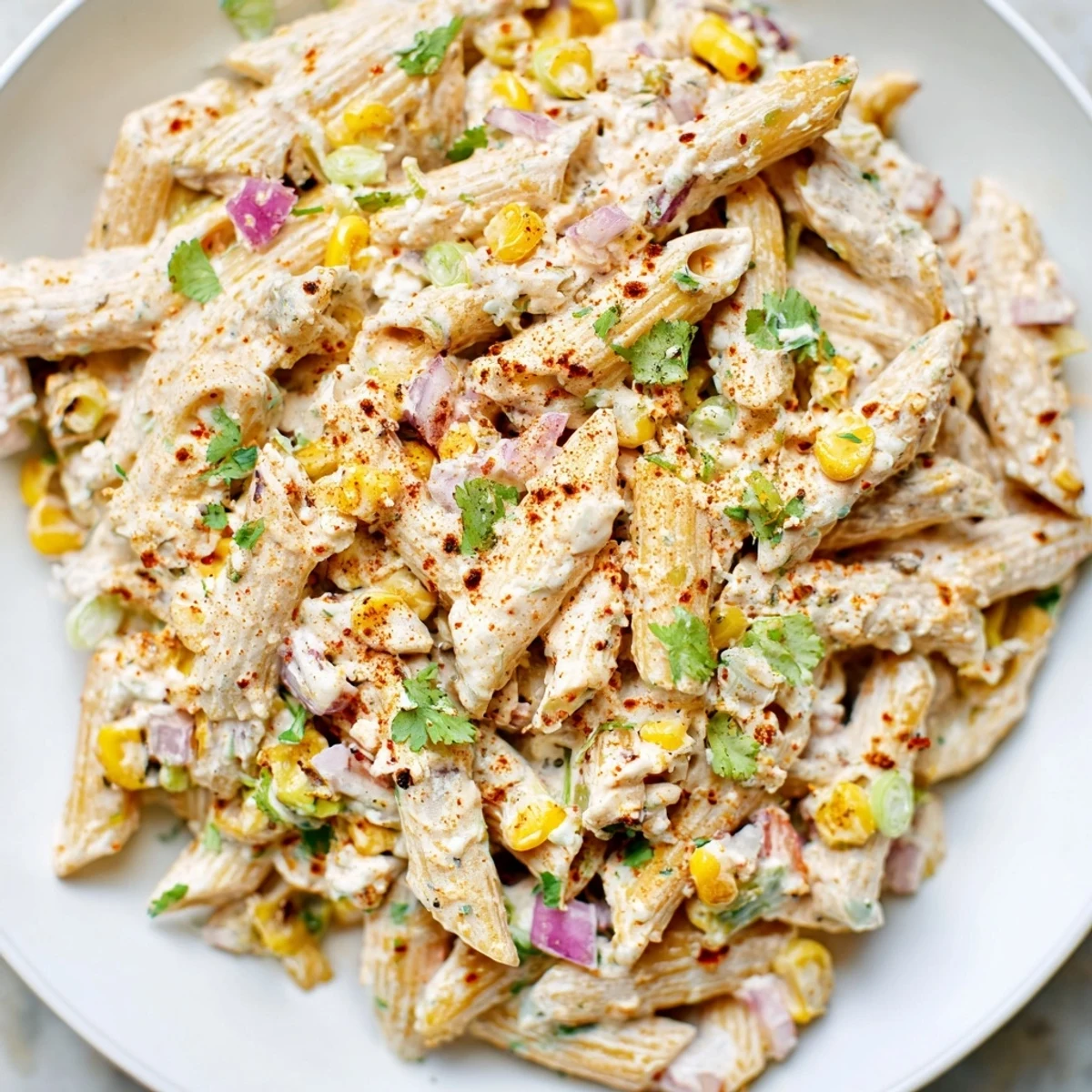 Enjoy a refreshing taste of Mexican Street Corn Pasta, adorned with cotija cheese and lime wedges.