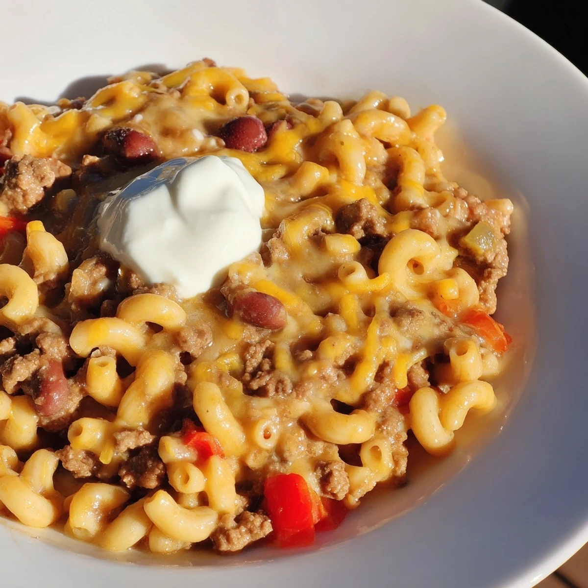 Creamy, cheesy one-pot chili mac: a comforting American classic, served hot and delicious in a bowl.