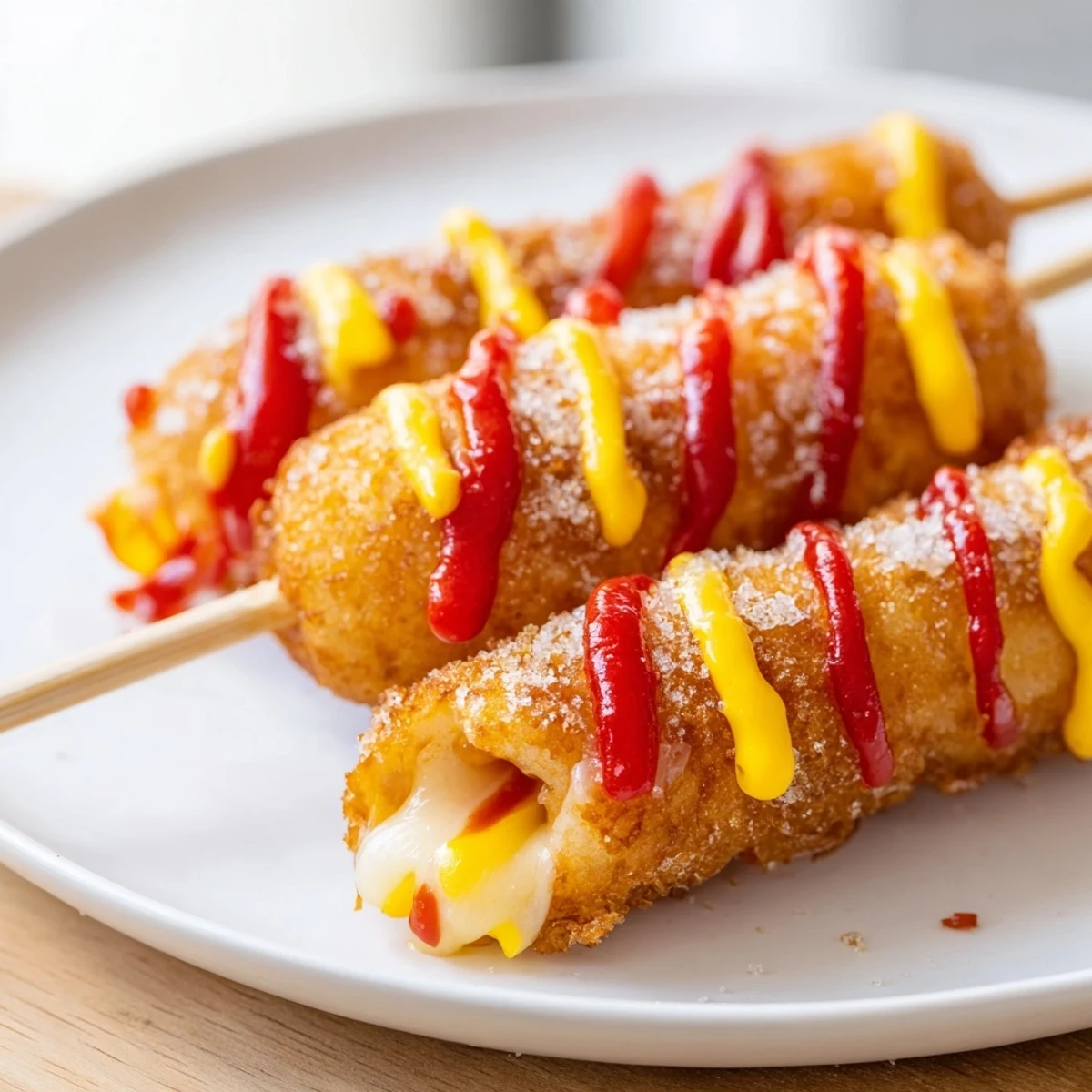 Golden-brown Cheesy Korean Corn Dogs, with a satisfying crunch and gooey cheese pull; ready to eat!