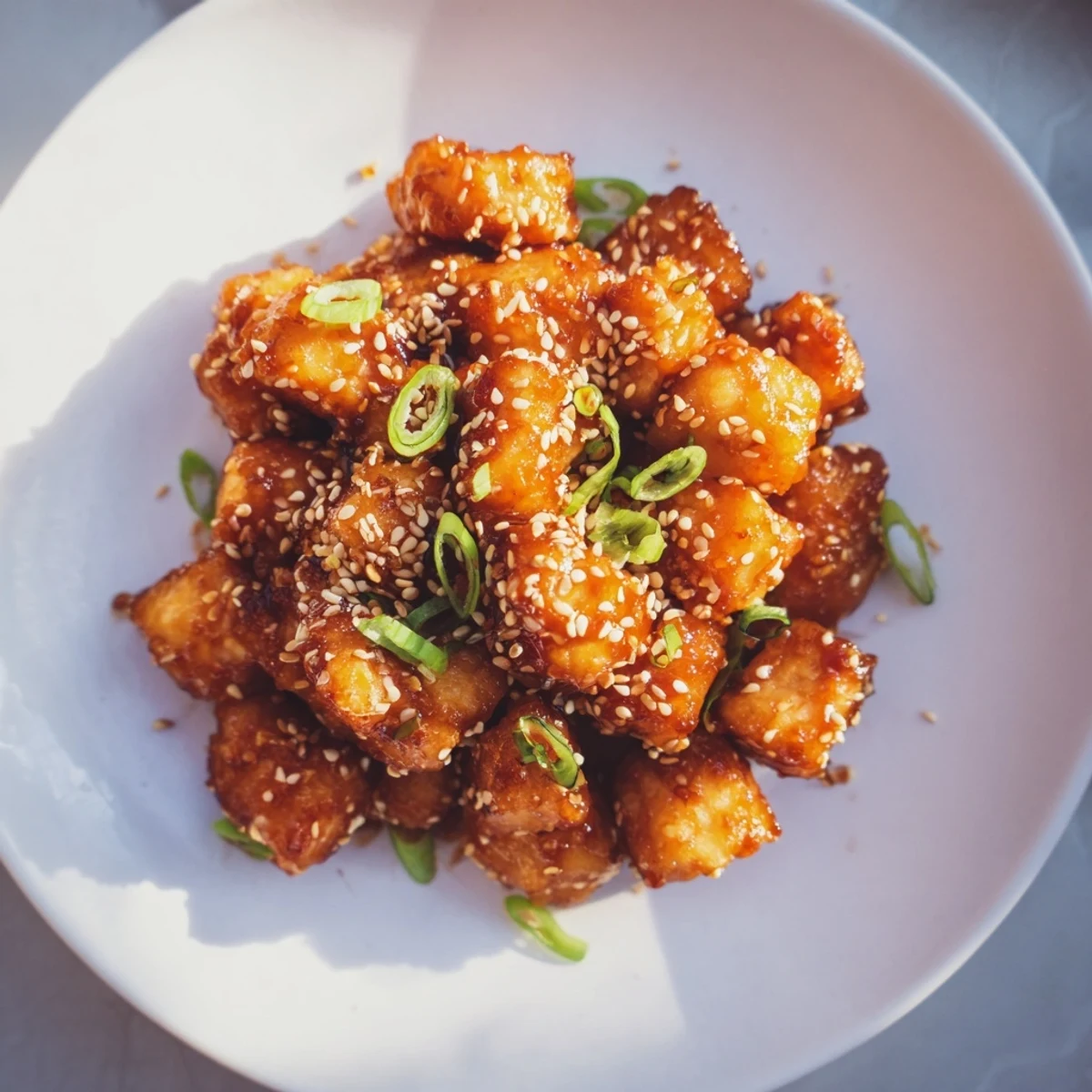 Golden-brown Honey Gochujang Tofu glistening with a sweet and spicy sauce, ready to serve.