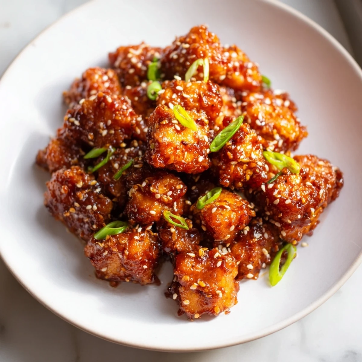 Crispy Honey Gochujang Tofu, tossed in a flavorful sauce and garnished with sesame seeds and green onions.