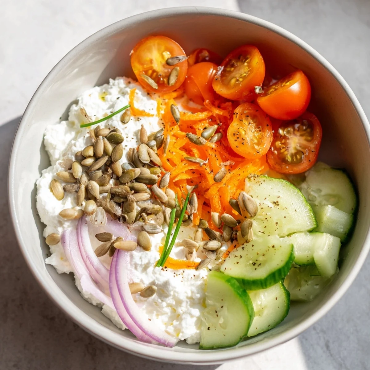 Savory Cottage Cheese Snack Bowl, protein-packed, topped with seeds and chives.