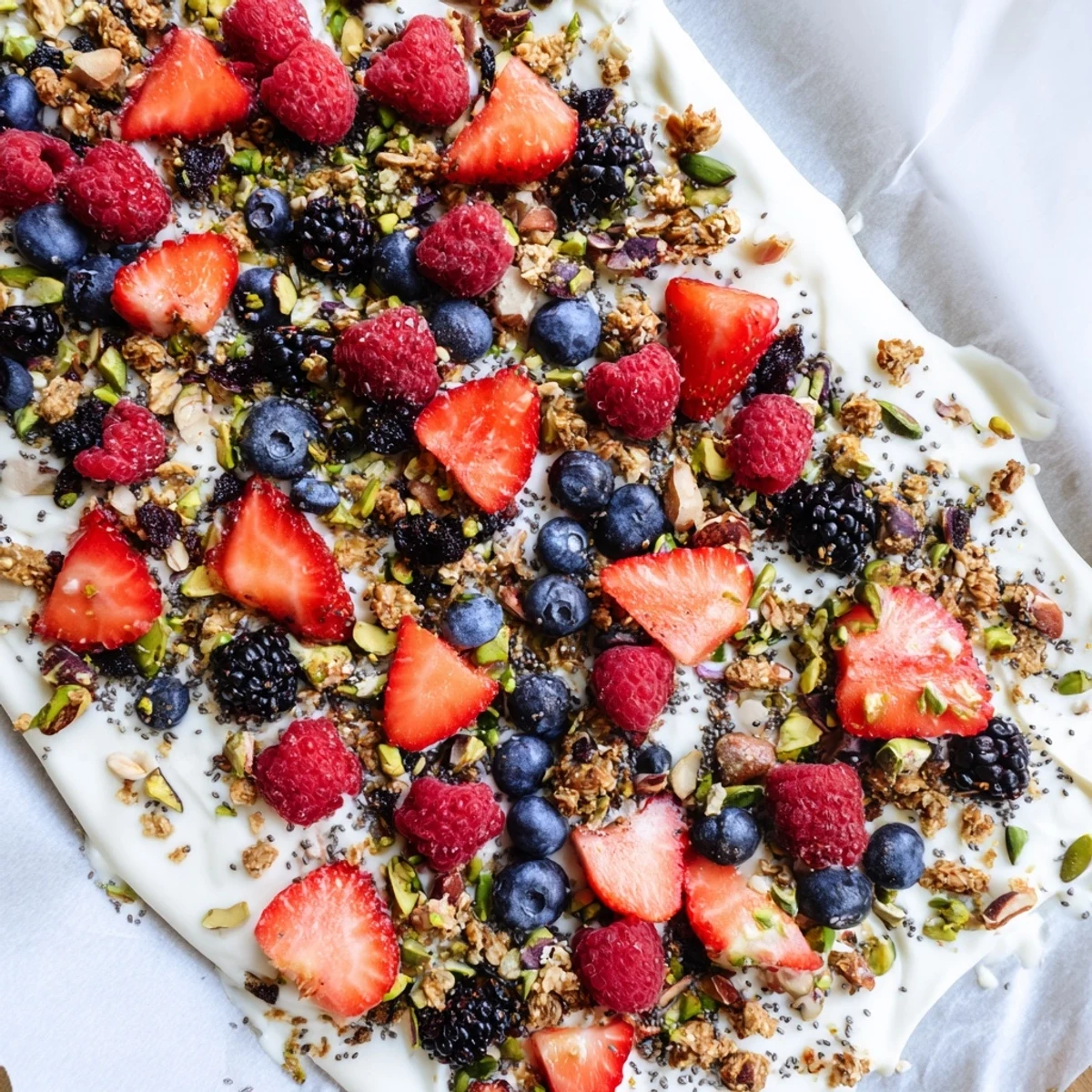This photo of Frozen Fruit Yogurt Bark shows its appealing texture with crunchy nuts and chia seeds.