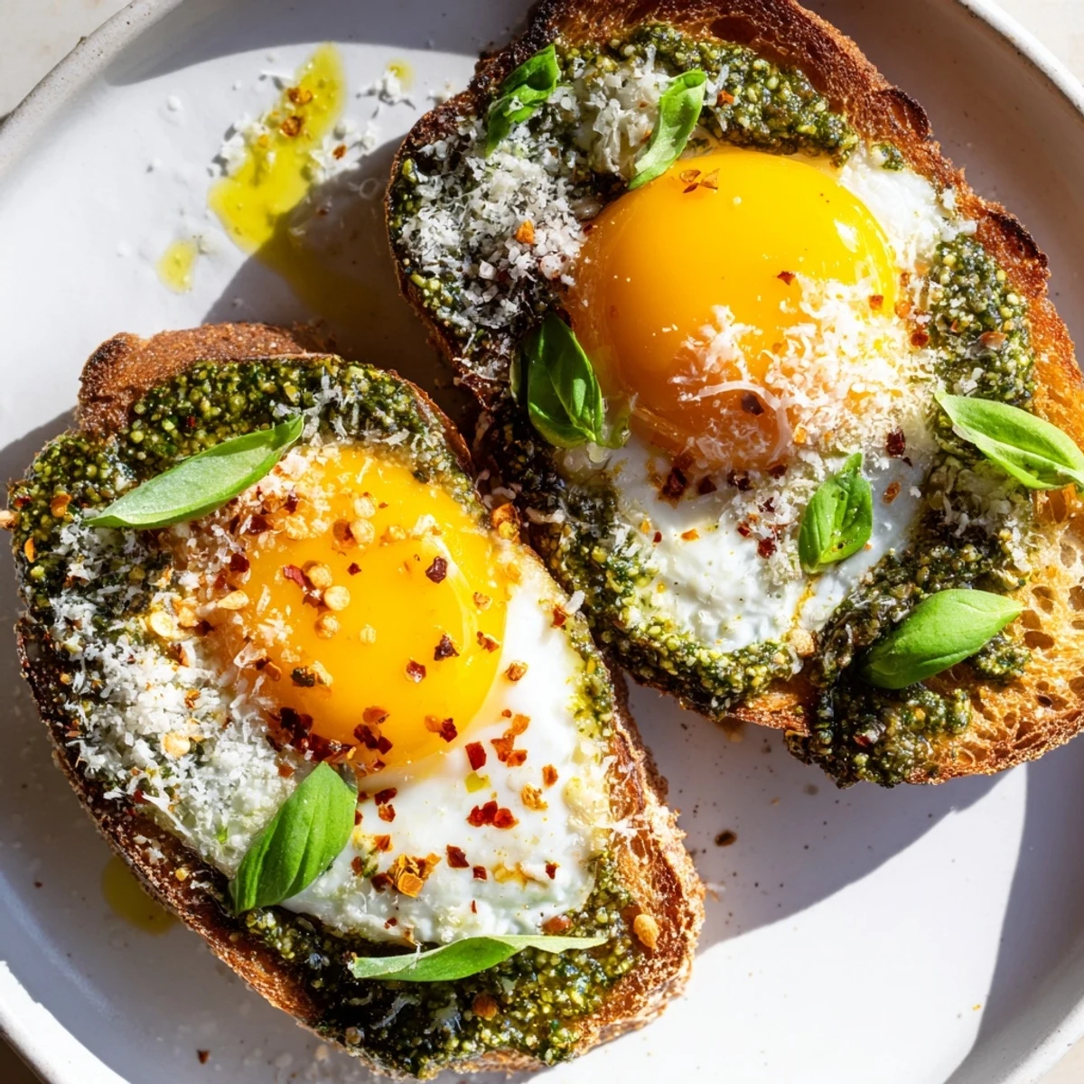 Golden toast, pesto and jammy eggs combine elegantly in this Pesto Egg Toast recipe.