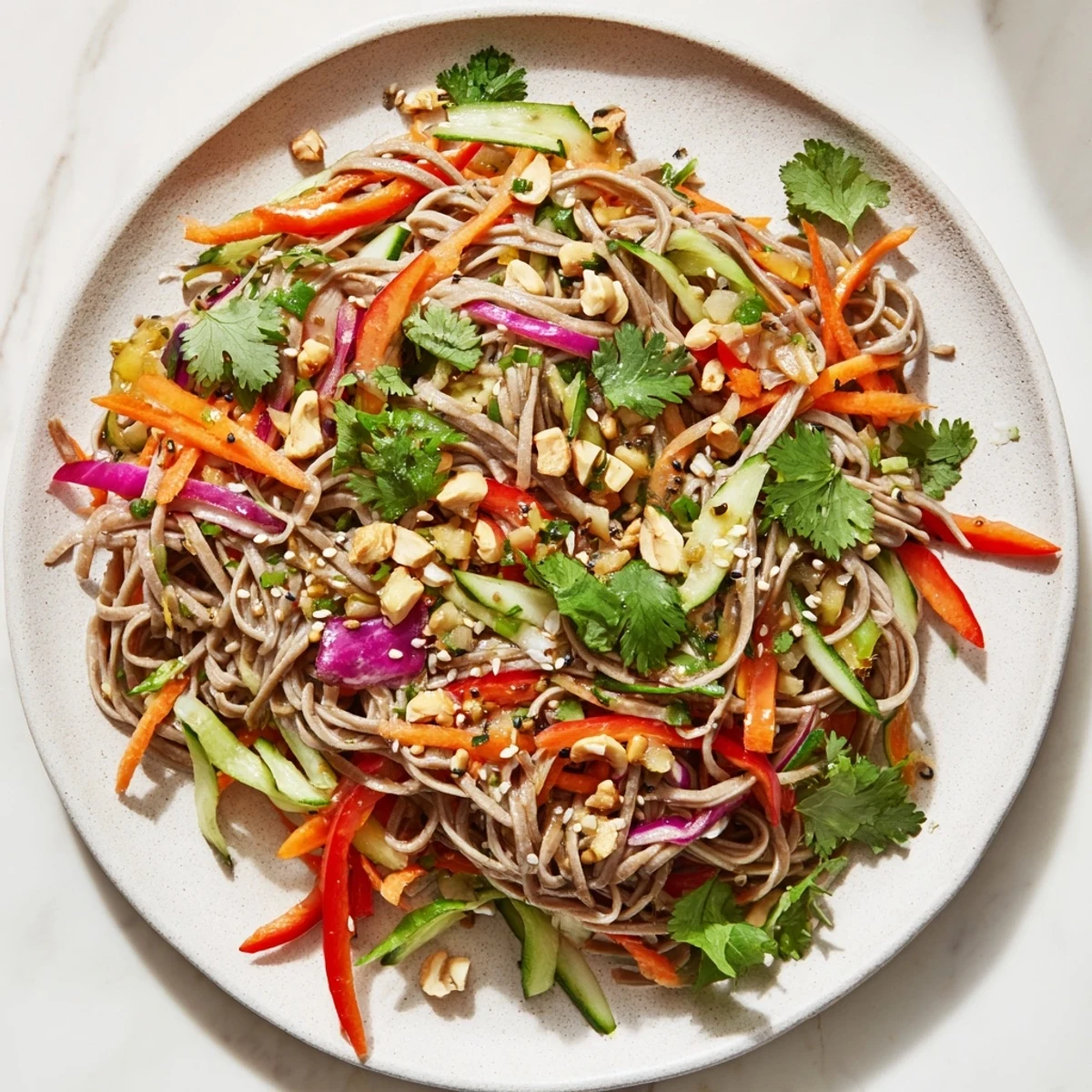 Chilled cold noodle salad with sesame-ginger dressing, full of colorful, crisp vegetables.