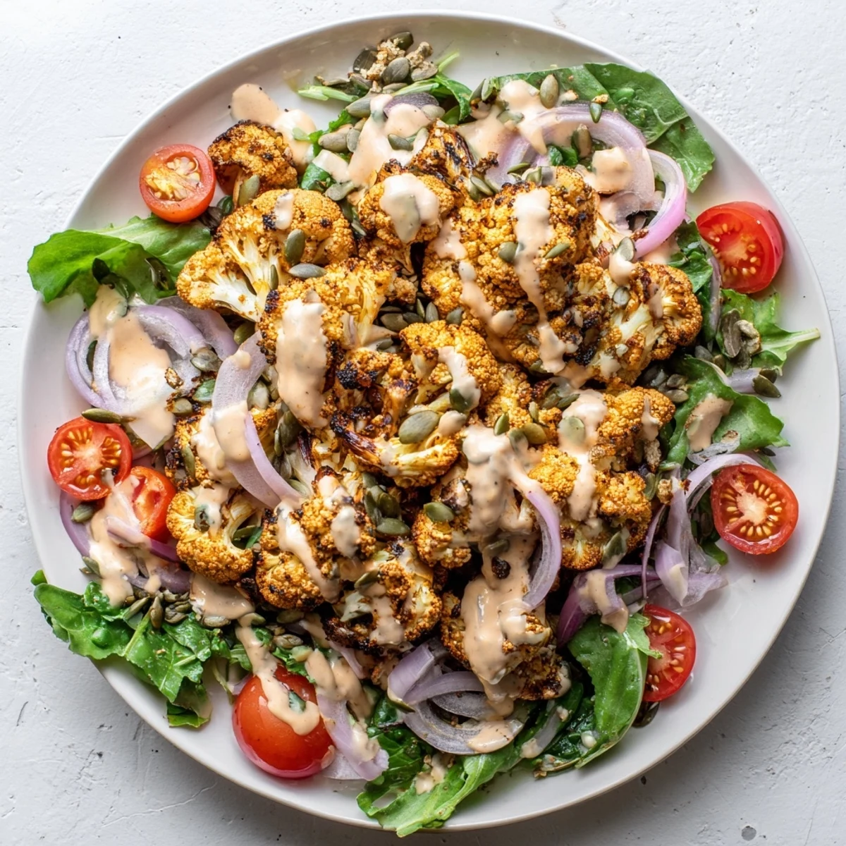 Golden, crispy air-fried cauliflower florets in this vibrant Crispy Cauliflower Salad with creamy tahini dressing.