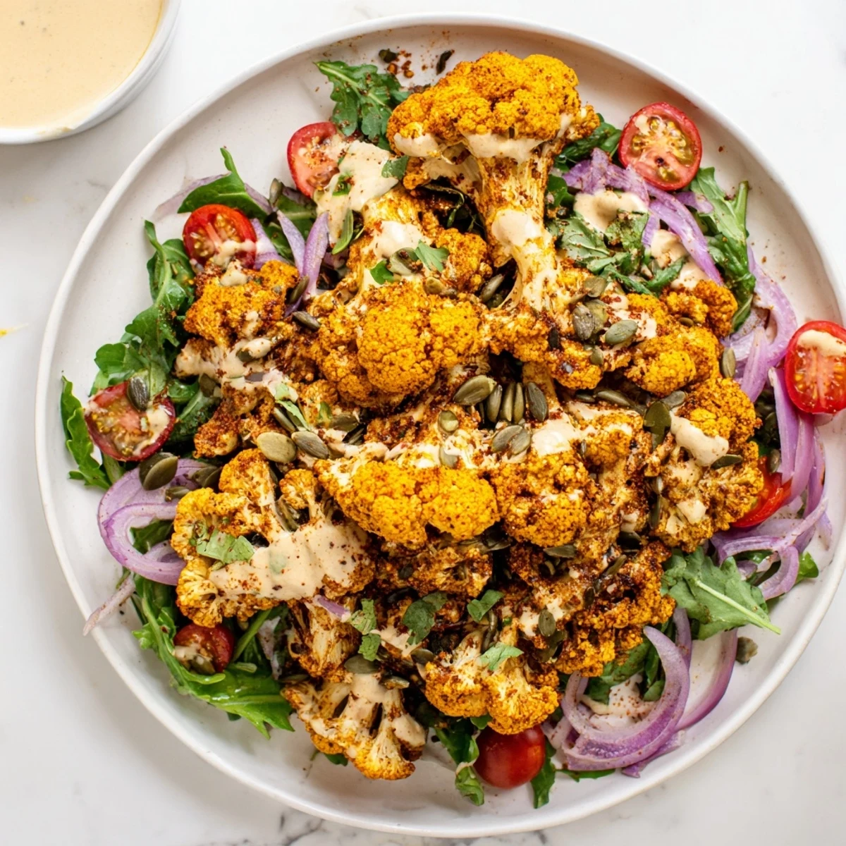 A close-up view of the delicious Crispy Cauliflower Salad, served with fresh greens and tahini sauce drizzled over.