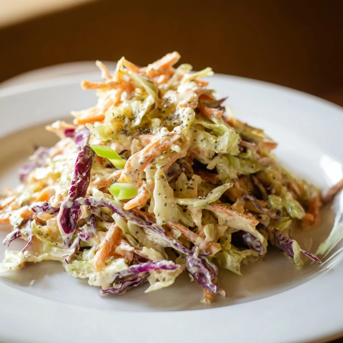 Fresh, vibrant Quick Coleslaw Salad, a colorful mix of shredded cabbage and carrots, ready to serve.