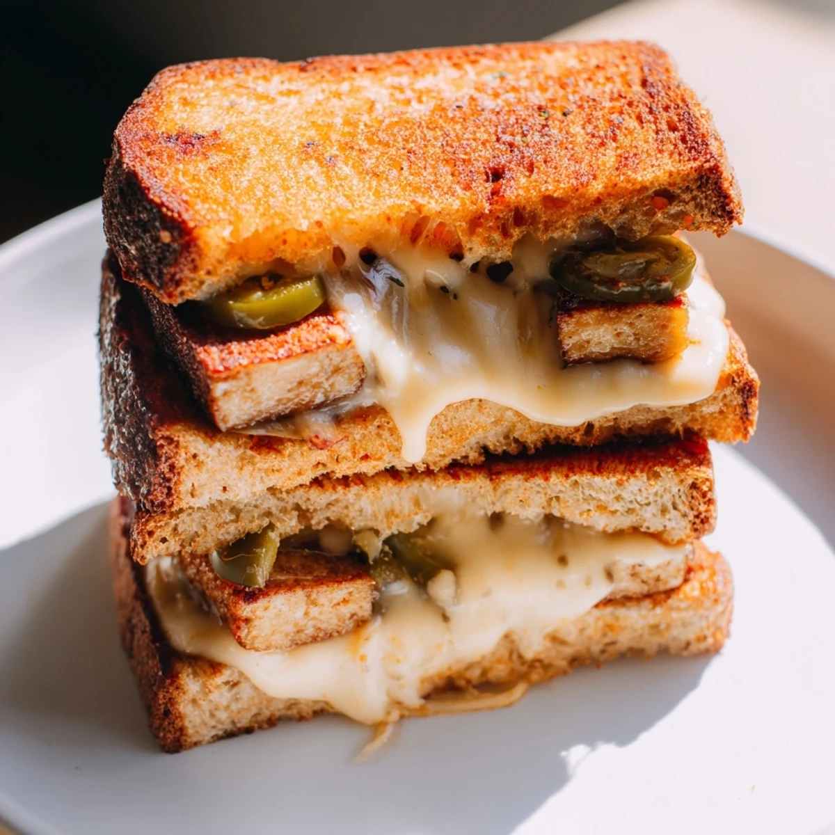 Golden, crispy slices of Spicy Crispy Tofu Grilled Cheese with melted vegan cheese on toasted sourdough.