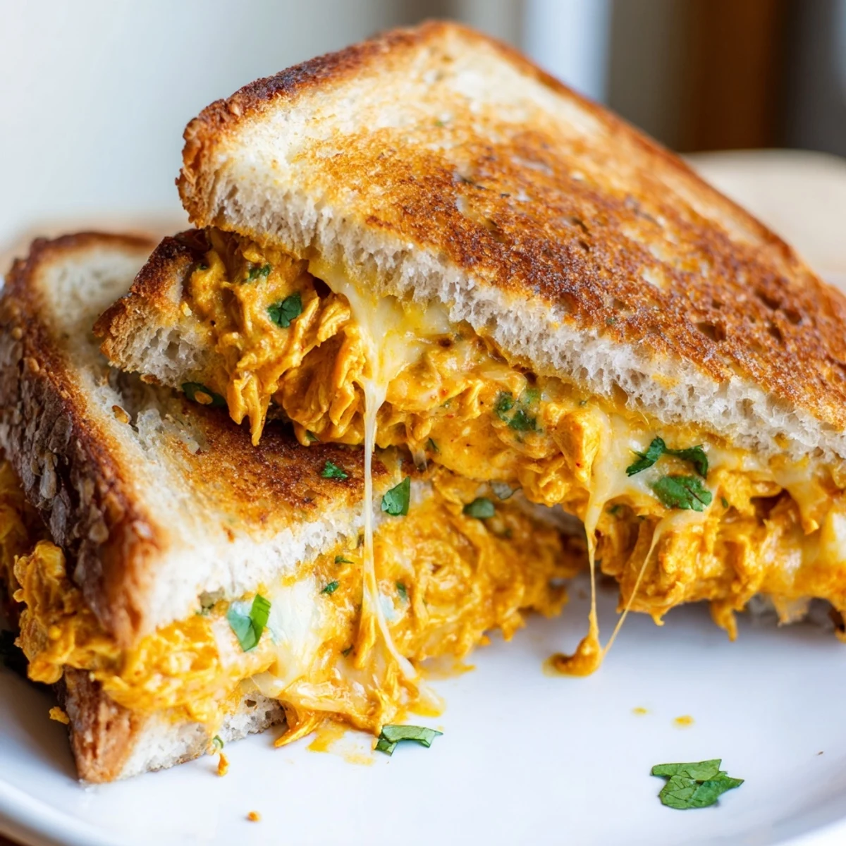 Golden, melted cheese and spiced butter chicken filling a savory grilled cheese sandwich.