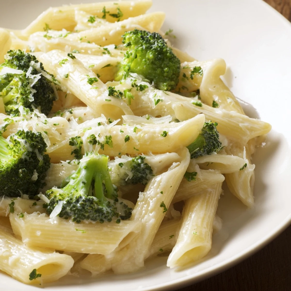 A steaming bowl of Cream Cheese Garlic Pasta with vibrant green broccoli florets and parsley.