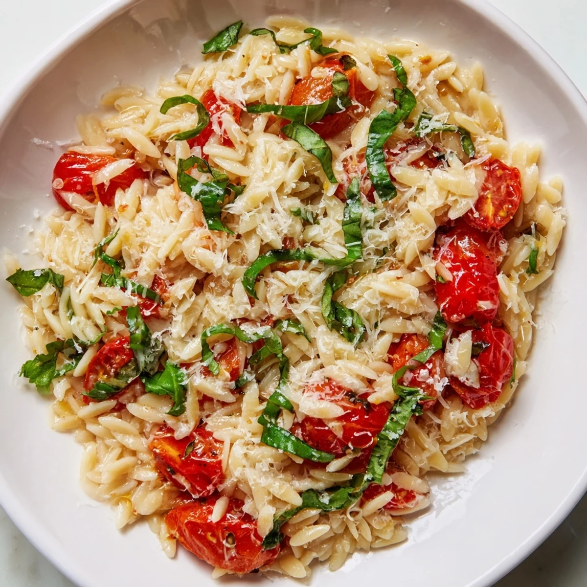 Plate of creamy Orzo Tomato Parmesan, glistening with olive oil and fresh basil garnish.